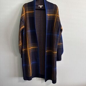 Cato window pane plaid long‎ open front cardigan relaxed fit Blue/Yellow large